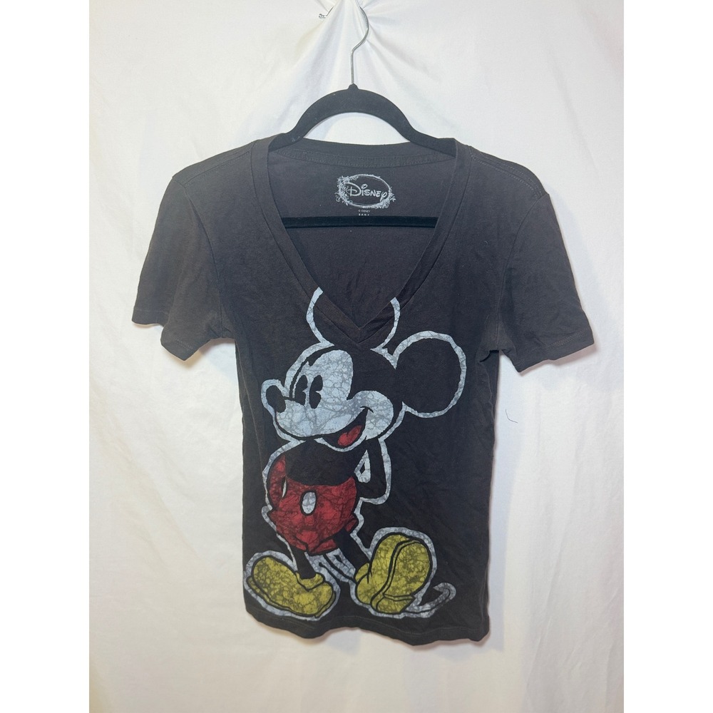 Disney Mickey Mouse Graphic Tee Womens M Black Distressed V Neck Theme Park